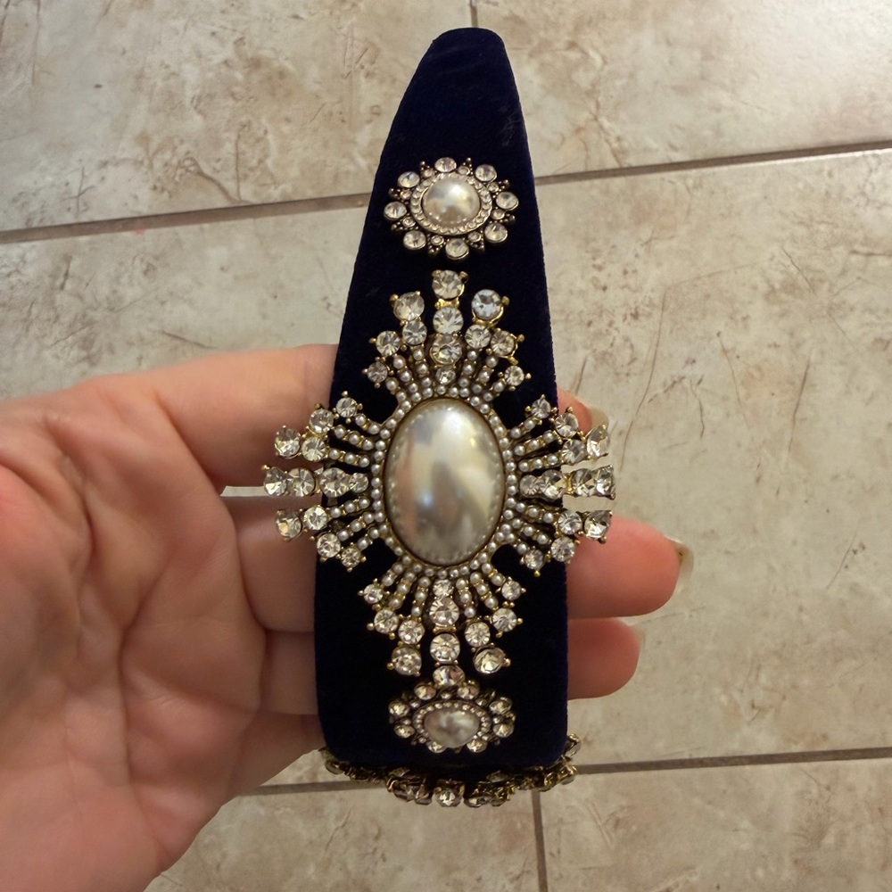 Blue Velvet Pearl Rhinestone Embellished Headband | Statement Hair Accessory